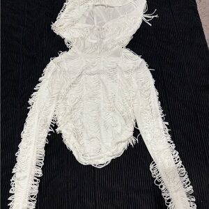 Fringed White Women’s One Piece Hoodie